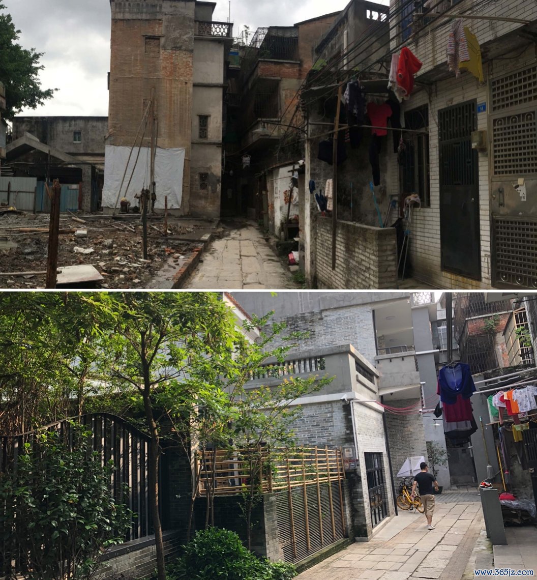 广州泮塘五约外街纠正前（上图）后（下图）对比。受访者供图